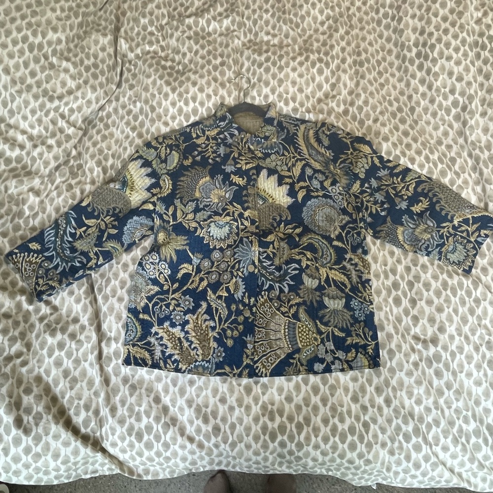 Floral Mandarin Collar Jacket - Blue & Gold